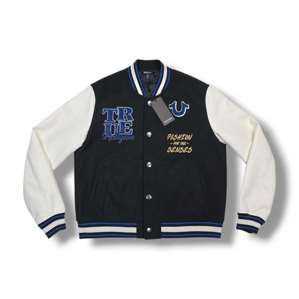 True Religion Varsity Jacket Black White Men's Medium Embroidered Snap Pockets